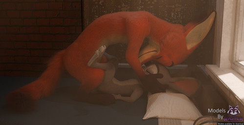 3_toes 4_fingers anthro bed bedroom black_nose claws countershading duo eyes_closed feet female fingers fur furniture gloves_(marking) grey_body grey_fur heads_together hunched_over lying male male/female male_on_top markings nude nude_anthro nude_female nude_male on_back on_top orange_body orange_fur penetration sex size_difference smile text toes rasterraccoon disney zootopia judy_hopps nick_wilde canid canine european_rabbit fox lagomorph leporid mammal oryctolagus rabbit red_fox true_fox 3d_(artwork) absurd_res blender_(artwork) digital_media_(artwork) english_text hi_res watermark