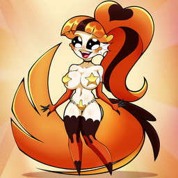 4_fingers anthro big_breasts black_eyes black_hair black_tail breasts choker clothed clothing curvy_figure female fingers freckles hair jewelry legwear looking_at_viewer multicolored_hair multicolored_tail necklace nipple_outline no_pupils open_mouth orange_hair orange_tail pasties simple_background skimpy smile solo star_pasties stockings tail white_body rurihal hazbin_hotel hellaverse goldfish_sinner_(hazbin_hotel) aquatic cyprinid cypriniform demon fish goldfish sinner_demon 1:1 absurd_res digital_media_(artwork) hi_res