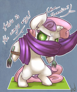 blue_background cutlery dialogue female feral fork fur grass green_eyes hair horn kitchen_utensils multicolored_hair ninja plant purple_hair simple_background solo standing text tools two_tone_hair warrior white_body white_fur young young_feral atryl friendship_is_magic hasbro my_little_pony mythology sweetie_belle_(mlp) equid equine mammal mythological_creature mythological_equine unicorn 2013 digital_media_(artwork) english_text hi_res signature