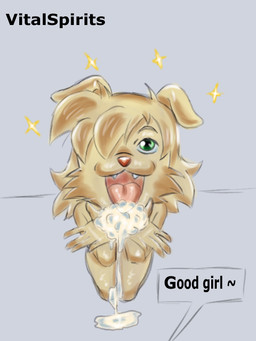 bodily_fluids cum cum_in_mouth cum_inside cum_on_hand excited_female female genital_fluids good_girl praise solo speech_bubble young young_female vitalspirits chocee_lumbrig canid canine canis domestic_dog mammal 3:4 colored