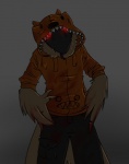 anthro beak biped black_beak blood blood_on_clothing blood_on_hand blood_on_wings bodily_fluids bottomwear brown_body brown_feathers cargo_pants clothed clothing creepy creepy_face dot_eyes feathers front_view fully_clothed glowing glowing_eyes gradient_background grey_background hands_on_hips hoodie jacket looking_at_viewer male pants red_eyes sharp_teeth shirt simple_background simple_eyes solo standing teeth tongue tongue_out topwear syynx syynx_(character) avian bird 2011