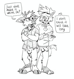 anthro antlers balls bottomless bottomless_anthro bottomless_male circumcised circumcision_scar clothed clothing clothing_around_one_leg collar crossed_arms dialogue duo erection eyes_closed footwear foreskin fuzzy_balls genital_scar genitals half-erect half_naked hitachi_magic_wand hooves horn imminent_sex male male/male open_mouth open_smile partially_clothed penis roommate scar sex_toy shirt shirt_only shy small_penis smile smug socks speech_bubble standing teasing teeth_showing text toeless_footwear toeless_socks tongue_showing topwear topwear_only underwear underwear_around_one_leg underwear_down unretracted_foreskin vibrator wand_vibrator white_clothing white_underwear tinydeerguy darwin_(tinydeerguy) matt_riskely canid canine deer mammal black_and_white english_text hi_res monochrome sketch