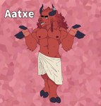 alphabet anthro barazoku basque bottomwear bovid_horn bovine_ears bovine_hooves bovine_horn bovine_tail braided_hair clothing fur hair horn lingerie loincloth male pecs red_body red_fur solo teratophilia chippybooru mythology aatxe bovid bovid_satyr bovine bovine_satyr cattle cryptid mammal monster hi_res