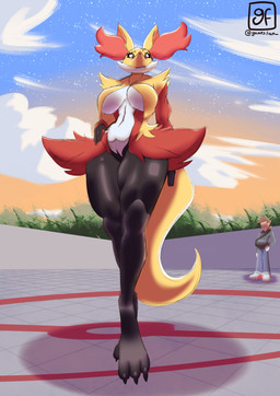 anthro big_breasts black_body black_fur blue_clothing breast_curtains breasts brown_hair claws clothed clothed_human clothed_male clothing cloud detailed_background duo eyelashes featureless_crotch female female_anthro forest fur green_clothing hair head_markings inner_ear_fluff looking_at_viewer low-angle_view male markings multicolored_body multicolored_fur navel nude nude_anthro nude_female outside perspective plant red_body red_clothing red_eyes red_fur red_inner_ear_fluff simple_background sky text thick_thighs tree tuft white_body white_clothing white_fur yellow_body yellow_fur gamesfan nintendo pokemon canid canine delphox generation_6_pokemon human mammal pokemon_(species) absurd_res english_text hi_res signature