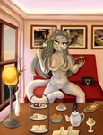 anthro ear_piercing ear_ring female feral food front_view fur genitals grey_hair hair inside lamp long_hair nipples nude piercing pink_nipples pussy ring_piercing sitting solo white_body white_fur window wenqu0304 lena_(wenqu0304) felid mammal absurd_res hi_res