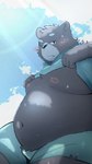 anthro belly big_belly blush bottomwear bulge clothed clothing clothing_lift kemono male moobs navel nipples overweight overweight_male shirt shirt_lift shorts sitting solo topwear menmen_kesinn bear mammal 2024 9:16 hi_res