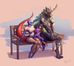 barefoot bench blush breasts clothed clothing digitigrade eyewear feet female glasses group machine nude simple_background sitting size_difference trio smolspearrow avian lizard protogen reptile scalie absurd_res hi_res