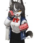 4_fingers ahoge amber_eyes anthro beverage beverage_can black_body black_fur black_hair black_nose bottomwear breasts clothed clothing collared_shirt cute_fangs eyelashes fangs female female_anthro fingers fur furgonomics grey_body grey_fur grey_hair hair heart_symbol holding_beverage holding_object jacket kemono letterman_jacket long_hair long_skirt looking_at_viewer multicolored_body multicolored_fur multicolored_hair offering_beverage offering_to_viewer one_eye_closed open_mouth pleated_skirt school_uniform shirt simple_background skirt solo tail tail_through_skirt teeth text tongue topwear two_tone_body two_tone_fur uniform white_background white_body white_fur white_hair xiao_lijun coca-cola canid canine canis mammal wolf 2021 absurd_res chinese_text digital_media_(artwork) hi_res portrait signature three-quarter_portrait translated