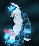 anthro black_spots blue_body blue_fur breath disembodied_hand fur genitals ghost_hand hand_on_balls hand_on_penis headpat locked_arms male male/male markings nub_tail panting penis purple_eyes restraints solo_focus spots spotted_body tongue tongue_out white_body white_fur likanen bookermeister felid feline lynx mammal hi_res