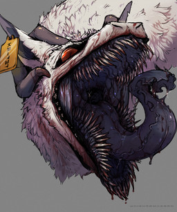 2_horns ambiguous_gender blood blood_on_face blood_on_mouth blue_insides bodily_fluids curled_horn ear_piercing ear_tag feral fur grey_background horn long_tongue mouth_shot open_mouth piercing pupils red_eyes saliva saliva_on_tongue saliva_string sharp_teeth simple_background slit_pupils solo teeth text tongue white_body white_fur unichromacorn synx 2023 constructed_language digital_media_(artwork) fictional_language headshot_portrait hi_res portrait watermark