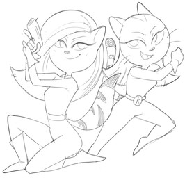 action_pose alternate_form alternate_hairstyle anthro belt bodysuit boots clothing duo female footwear fur gloves handwear kneeling looking_at_viewer pose ranged_weapon raygun running shoes skinsuit smile striped_body striped_fur stripes tight_clothing weapon whiskers dbaru nickelodeon t.u.f.f._puppy kitty_katswell domestic_cat felid feline felis mammal 2026 hi_res monochrome
