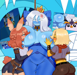 beak big_breasts big_butt biped blonde_hair blue_body blue_clothing bodily_fluids bottomwear breast_play breast_suck breastfeeding breasts butt clothed clothing collaborative collaborative_breastfeeding detailed_background female female/female front_view group hair inside lactating sucking thick_thighs three-quarter_view topwear trio idler_r adventure_time cartoon_network microsoft minecraft mojang xbox_game_studios bronwyn_(adventure_time) fionna_the_human ice_queen animal_humanoid avian bird humanoid lagomorph lagomorph_humanoid leporid_humanoid mammal mammal_humanoid penguin rabbit_humanoid absurd_res character_request hi_res
