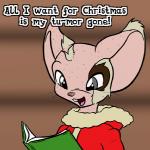 ambiguous_gender book buckteeth cancer_(disease) clothing dialogue grey_eyes hair_loss holidays lyrics singing solo teeth text muniversalarts christmas antonya_flynn mammal mouse murid murine rodent 1:1 english_text