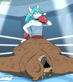 abs anthro bodily_fluids boxing boxing_gloves boxing_shorts bruised clothing defeat defeated duo fighting_ring handwear lights male male/male smug_face smug_grin sport tears unconscious hisashino restluck_(character) bear brown_bear mammal unknown_species ursine absurd_res hi_res