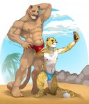 anthro beach blush bulge cellphone clothed clothing day duo electronics fur gesture hand_gesture kneeling male male/male markings muscular muscular_male on_one_knee outside palm_tree phone plant sand seaside selfie skimpy smartphone smile speedo spots spotted_body spotted_fur standing swimwear tan_body tan_fur tree v_sign yellow_body yellow_fur mtraon cheetah cougar felid feline mammal hi_res