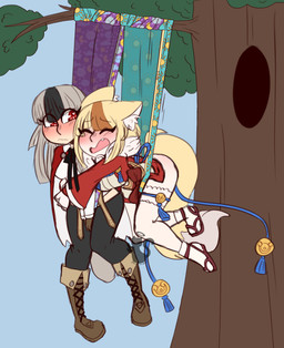 blue_clothing blue_panties blue_underwear blush bottomwear clothing colored_edge_panties duo embarrassed female hanging_wedgie hug hugging_another panties pattern_bottomwear pattern_clothing pattern_panties pattern_underwear plant purple_clothing purple_panties purple_underwear tree underwear wedgie flavoredsass selkie_(fire_emblem_fates) velouria canid canine fox humanoid mammal werecanid werecanine werecreature wolfskin absurd_res hi_res