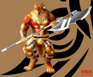 4_toes 5_fingers abs ankle_band anthro armlet axe barefoot big_muscles biped brown_body brown_fur claws clothed clothing digitigrade ear_piercing feet fingers front_view fur hand_wraps holding_object holding_weapon jewelry leg_wraps looking_at_viewer male melee_weapon muscular muscular_anthro muscular_male necklace piercing simple_background skimpy solo standing tan_body tan_fur tattoo toes topless weapon wraps xieg canid canine canis mammal wolf 2010 6:5