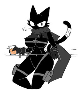 anthro bandage bandage_on_tail beverage big_breasts black_body black_fur black_tail breasts breasts_strap cheek_tuft clothing facial_tuft featureless_crotch female fur gloves grey_clothing grey_gloves grey_handwear grey_scarf handwear holding_beverage holding_glass holding_object leg_pouch looking_at_viewer mouthless scarf solo standing straps tail thigh_strap tuft sabgong codename._paragon_(sabgong) domestic_cat felid feline felis mammal