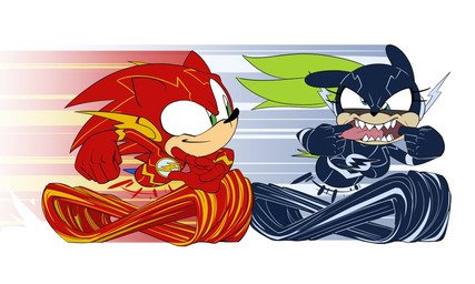 5_fingers anthro blue_eyes bodysuit clothing costume cross-eyed duo emblem female finger_in_mouth fingers fusion green_eyes male mocking negative_flash sharp_teeth simple_background skinsuit smile smirk speed_lines superhero superhero_costume tail teeth tight_clothing tongue tongue_out white_background hardtones dc_comics idw_publishing sega sonic_the_hedgehog_(comics) sonic_the_hedgehog_(idw) sonic_the_hedgehog_(series) sonic_the_hedgehog surge_the_tenrec the_flash afrosoricid eulipotyphlan hedgehog mammal tenrec 5:3 crossover