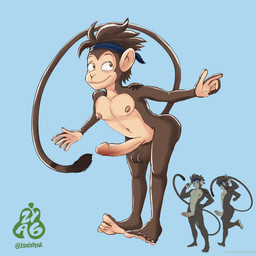 5_toes anthro athletic athletic_male balls big_penis butt erection feet genitals kerchief male nipples nude penis small_but_hung solo tail toes kareca zyasixpear monkare_(kareca) haplorhine mammal monkey primate 1:1 absurd_res hi_res