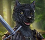 anthro armor black_body black_fur chest_tuft clothed clothing ear_piercing ear_ring eye_scar facial_scar fur jewelry leather leather_clothing male melee_weapon necklace piercing ring_piercing scar solo sword teeth tongue tuft warrior weapon yellow_eyes raudegil skoll_(skoll666) canid canine canis mammal wolf 2021 bust_portrait digital_media_(artwork) digital_painting_(artwork) portrait