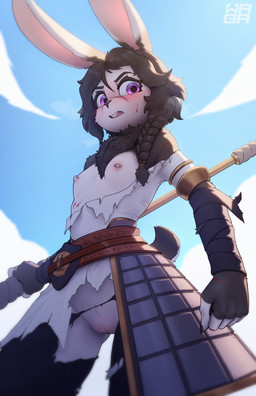 5_fingers anthro areola biped black_hair black_tail blush breasts claws clothed clothed_anthro clothed_female clothing cloud day female female_anthro finger_claws fingers front_view fur genitals hair holding_object looking_at_viewer nipple_piercing nipples open_mouth outside piercing pink_eyes sky small_breasts solo standing tail teeth tongue torn_clothing vulva white_body white_fur w4g4 solstice_(visitorvun) lagomorph leporid mammal rabbit 2026 digital_drawing_(artwork) digital_media_(artwork) hi_res