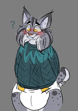 anthro blush cheek_tuft clothed clothing diaper facial_tuft fur green_clothing green_sweater green_topwear grey_background grey_body grey_fur male pantsless pink_nose short_tail simple_background solo sweater tail teeth topwear tuft wearing_diaper white_body white_fur white_inner_ear yellow_eyes browniepoofbutt disney zootopia pawbert_lynxley canada_lynx felid feline lynx mammal hi_res