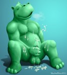 anthro balls belly blue_background bodily_fluids breath clay clay_creature common_hippopotamus cum ears_up eyes_closed genital_fluids genitals goo_creature green_body hand_on_penis hi_res hippopotamid male mammal masturbation moobs nude nude_male overweight overweight_anthro overweight_male penis simple_background sitting smile solo wontonrhino