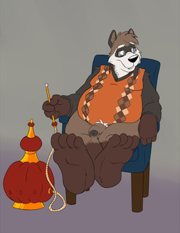 anthro belly black_nose brown_body brown_fur clothing eyewear flaccid foreskin fur genitals glasses humanoid_genitalia humanoid_hands humanoid_penis male overweight overweight_male partially_retracted_foreskin penis simple_background sitting solo sweater sweater_vest topwear vest bravo mammal procyonid raccoon 2015