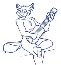 3_toes 4_fingers acoustic_guitar anthro arm_tuft biped cheek_tuft chest_tuft elbow_tuft eyebrows facial_tuft feet fingers fur guitar half-closed_eyes head_tuft holding_object looking_aside looking_down male musical_instrument narrowed_eyes nude playing_guitar playing_music plucked_string_instrument raised_eyebrow shoulder_tuft sitting solo string_instrument toes tongue tongue_out tuft rotten_robbie canid canine canis mammal wolf black_and_white blue_and_white line_art monochrome