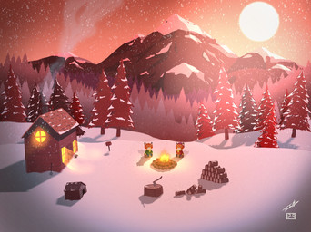 ambiguous_gender anthro cabin campfire chibi clothed clothing detailed_background duo evergreen_tree fire forest fully_clothed fur light mountain orange_body orange_fur pine_tree plant shadow sky snow snowing sunlight sunset tree white_body white_fur window 12-9 canid canine fox mammal red_fox true_fox hi_res lighting signature