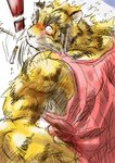 anthro barazoku blush cigarette clothing kemono male masturbation shirt simple_background sitting solo topwear white_background ghq hukuroushi morenatsu torahiko_(morenatsu) felid mammal pantherine tiger 2004 archived_source sketch