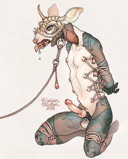 8_nipples animal_mask anthro arm_tattoo arms_tied bdsm black_collar blue_eyes bodily_fluids bondage bound brown_body brown_ears collar drooling ears_down genitals glans horn humanoid_genitalia humanoid_penis hybrid_genitalia hybrid_penis kneeling knot knotted_humanoid_penis knotted_penis leash leg_tattoo legs_tied male male_anthro mask multi_nipple nipple_piercing nipple_ring nipples nude_anthro nude_male open_mouth penis piercing pink_glans pink_leash pink_nipples pink_nose pink_rope pink_tongue pivoted_ears restraints ring_piercing rope rope_bondage saliva sharp_teeth slim_anthro slim_male solo spiked_mask tan_mask tattoo teeth tongue tongue_out koiranmaitoa canid canine canis domestic_dog mammal 2018 full-length_portrait hi_res portrait