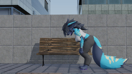 anthro arm_markings bench big_breasts black_body black_claws black_fur black_hair black_horn blue_body blue_fur bra breasts breathing building claws clothed clothed_anthro clothed_female clothing concrete_wall ear_markings female fluffy fluffy_tail fur furniture grey_sweatpants hair hair_over_eye horn looking_down markings midriff no_sclera open_mouth pawpads purple_mouth purple_pawpads sidewalk sky snaggle_teeth snaggle_tooth solo sports_bra standing tail tail_markings teeth underwear wall_(structure) white_bra white_clothing white_sports_bra white_underwear wood wood_bench wood_furniture yellow_eyes yellow_markings k'braid nicoreda_(modeler) blender_eevee mythology sevan_(k'braid) dergodal dragon furred_dragon furred_drake furred_scalie mythological_creature mythological_scalie scalie 16:9 3d_(artwork) blender_(artwork) digital_media_(artwork) hi_res widescreen