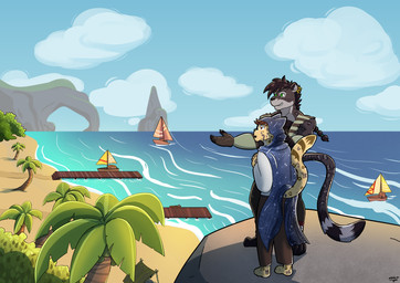 amazed anthro beach black_body black_fur boat braided_hair braided_ponytail brown_eyes cape clothed clothing duo fluffy fluffy_tail fur green_eyes grey_body grey_fur hair leopard_spots male markings open_mouth outside palm_tree plant ponytail sand scenario sea seaside sky spots tail tree vehicle water watercraft yellow_body yellow_fur nohum iagu_viron felid feline felis jaguar mammal pantherine absurd_res digital_media_(artwork) hi_res