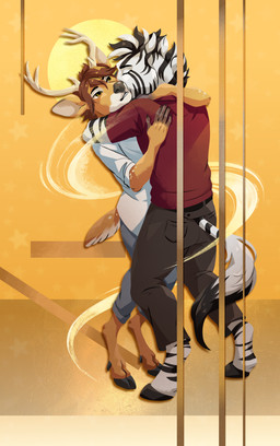 black_nose bottomwear butt clothed clothing duo fur grey_bottomwear grey_clothing hooves horn hug markings romantic romantic_couple standing striped_body striped_fur stripes tail unguligrade white_body white_fur weisserrauch dashing deer equid equine mammal zebra hi_res