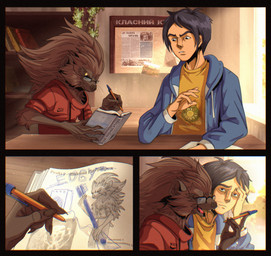 adolescent amplifier anthro book clothed clothing day detailed_background duo electric_guitar eyewear facepalm fur glasses guitar hair holding_object holding_pencil hoodie inside laugh male musical_instrument pen pencil_(object) plucked_string_instrument school smile string_instrument text textbook topwear young young_male cringehog eulipotyphlan european_hedgehog hedgehog human humanoid mammal comic cyrillic_text digital_media_(artwork) hi_res ukrainian_text