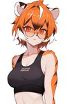 animal_ears anthro black_bra black_clothing black_sports_bra black_underwear blush bra breasts cleavage clothed clothing collarbone eyewear female fur glasses hair looking_at_viewer medium_breasts orange_body orange_fur orange_hair parted_lips red_eyes round_eyewear short_hair simple_background solo sports_bra stripes underwear upper_body white_background white_body white_fur white_hair twilight_(cgkk4357) arknights hypergryph studio_montagne waaifu_(arknights) felid mammal pantherine tiger absurd_res digital_media_(artwork) hi_res