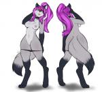 anthro biped black_nose blue_eyes breasts clothed clothing collar countershading digitigrade dipstick_tail eye_through_hair facial_markings female fur genitals gloves_(marking) grey_body grey_fur hair hair_over_eye head_markings leg_markings long_hair markings multicolored_tail nipples nude one_eye_obstructed open_mouth panties panties_down partially_clothed ponytail purple_hair pussy simple_background socks_(marking) solo standing string_panties tail tail_markings thick_thighs translucent translucent_hair two_tone_tail underwear underwear_down white_background avante92 syrth canid canine fox mammal 2014 digital_media_(artwork) hi_res