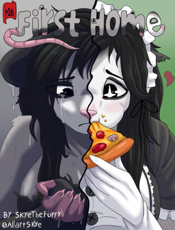 anthro black_hair clothing eating female food fur gloves grey_body grey_fur hair handwear maid_uniform pink_nose pizza solo uniform white_body white_fur allartskye kia_(allartskye) american_opossum mammal marsupial cover cover_art cover_page hi_res