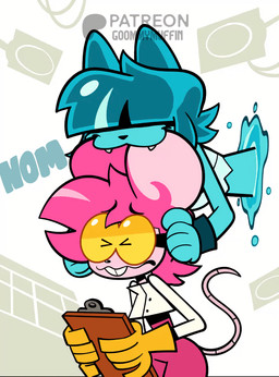 anthro bite buckteeth clipboard clothing duo ear_bite female gloves handwear nom shaking shivering teeth goommymuffin goommy_(goommymuffin) muffin_(goommymuffin) domestic_cat felid feline felis ghost mammal mouse murid murine rodent spirit 2025 2d_animation alternate_version_at_source animated digital_media_(artwork)