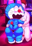 2022 anthro anus balls big_butt big_penis blue_body blue_ears blush blush_lines bodily_fluids brown_hair butt digital_media_(artwork) domestic_cat doraemon doraemon_(character) duo empty_eyes felid feline felis genitals grin hair hand_on_butt hand_on_chest hi_res human inside kneeling machine male mammal multicolored_body nekoni nude penis rear_view red_nose red_tail robot smile spread_anus spread_butt spreading standing sweat tail teapot_(body_type) teeth thick_thighs two_tone_body vein veiny_penis whiskers white_body