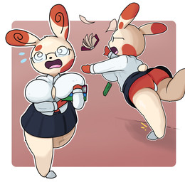 anthro big_breasts big_butt black_nose blue_bottomwear blue_clothing blue_skirt border bottomwear breasts butt clothed clothing cotton_tail eyewear featureless_feet feet female front_view fur glasses office_clothing office_lady open_mouth orange_body orange_fur panties pink_background rear_view simple_background skirt solo spiral spiral_eyes tan_body tan_fur thick_thighs topwear tripping underwear upskirt white_border white_clothing white_panties white_topwear white_underwear wide_hips yawlyawl090 nintendo pokemon generation_3_pokemon pokemon_(species) spinda absurd_res hi_res