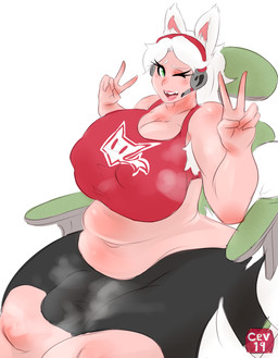 armpit_hair belly big_breasts body_hair breasts bulge clothed clothing double_v_sign electronics gesture green_eyes gynomorph hair hand_gesture headgear headphones headset intersex musk musky_balls musky_penis navel open_mouth overweight overweight_gynomorph overweight_humanoid overweight_intersex simple_background smile solo topwear v_sign white_hair cev cev_rosa animal_humanoid canid canid_humanoid canine canine_humanoid humanoid mammal mammal_humanoid 2019 archived_source digital_media_(artwork) hi_res