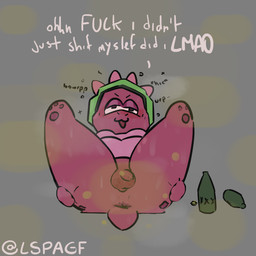 alcohol_bottle anthro anus balls beverage_bottle blush bottle butt container darkened_balls darkened_genitalia darkened_penis dialogue drunk electronics fart fart_cloud fart_fetish genitals headphones lying male on_back onomatopoeia pawpads penis presenting raised_leg raising_leg slightly_chubby solo sound_effects spread_butt spreading substance_intoxication tail text lspagf gameoverse glitch_productions gobbles_(gameoverse) dinosaur prehistoric_species reptile scalie 1:1 absurd_res hi_res