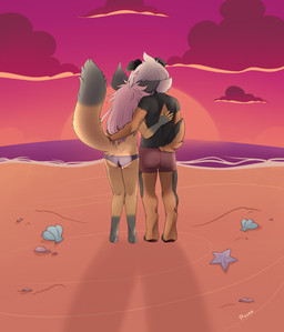 anthro beach bikini bikini_bottom biped black_body black_fur black_markings brown_body brown_fur brown_markings butt clothed clothing digitigrade dipstick_tail duo female fingerless_(marking) floppy_ears folded_ears fur gloves_(marking) hair hand_on_back leg_markings long_hair male male/female markings outside rear_view seashell shell short_hair socks_(marking) standing sunset swimming_trunks swimwear tail tail_markings two-piece_swimsuit white_hair young young_anthro young_female young_male young_on_young pucco nikki_(nikkithetanuki) shane_boder_(shaneandco) canid canine canis dobermann domestic_dog mammal mastiff mixed_breed molosser pinscher raccoon_dog rottweiler tanuki 2025 absurd_res hi_res