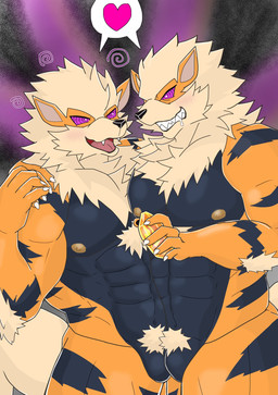 abs after_transformation anthro areola bodily_fluids claws duo evolutionary_stone eye_contact fire_stone hand_holding heart_symbol holding_object hypnosis hypnotic_eyes looking_at_another male male/male mind_control muscular muscular_anthro muscular_male nipples nude open_mouth open_smile ringed_eyes saliva smile speech_bubble ichigatsu_5 nintendo pokemon arcanine generation_1_pokemon pokemon_(species) colored hi_res