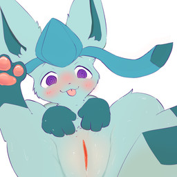 blue_body blue_fur blush blush_lines bodily_fluids body_blush feet female feral fur genitals handpaw humanoid_genitalia humanoid_genitalia_on_feral humanoid_vulva humanoid_vulva_on_feral pawpads paws presenting presenting_vulva purple_eyes simple_background soles solo spiral spiral_eyes tongue tongue_out vulva vulva_blush snoiifoxxo nintendo pokemon canid canine eeveelution generation_4_pokemon glaceon mammal pokemon_(species) 1:1