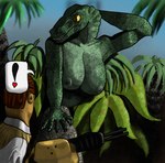 anthro big_breasts breasts comic_panel duo female flashing forest green_body green_scales heart_symbol jungle plant scales tree weapon yellow_sclera felixspeagel jurassic_park universal_studios dinosaur dromaeosaurid human mammal prehistoric_species reptile scalie theropod velociraptor