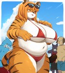 anthro big_breasts black_body black_fur blue_body blush bodily_fluids breasts clothing day eyewear female floppy_ears fur group hair huge_breasts kemono long_hair male navel orange_body orange_eyes orange_fur orange_hair outside overweight overweight_anthro overweight_female sharp_teeth standing striped_body striped_fur stripes sunglasses sweat sweatdrop swimming_trunks swimwear tan_body tan_fur teeth thick_thighs white_body white_fur akitaka canid canine canis domestic_dog felid fish mammal marine pantherine shark tiger wolf hi_res